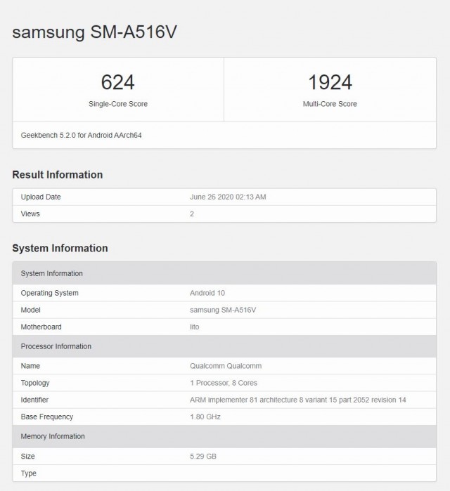 قائمة Galaxy A51s 5G Geekbench