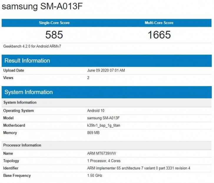 متغير Samsung Galaxy A01 مع بطارية قابلة للإزالة يزور Geekbench