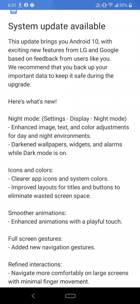 Changelog لتحديث Android 10 على LG G8X