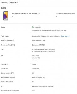 Samsung Galaxy A72 4G: الصورة والمواصفات من Google Play Console