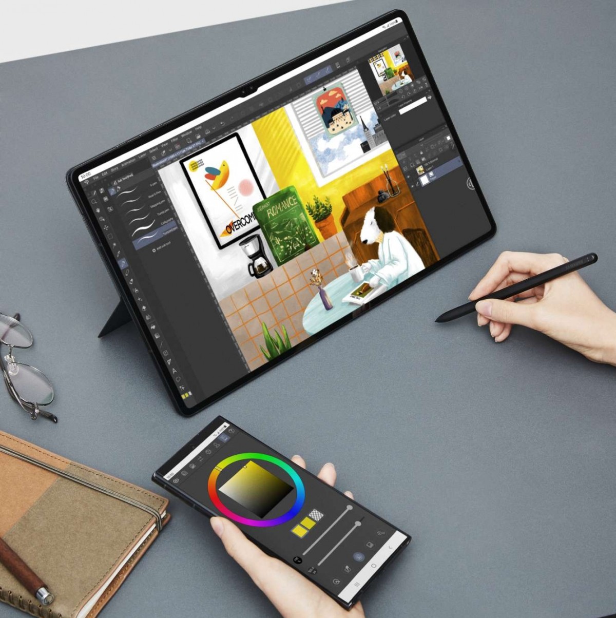 تُظهر الصور الترويجية لجهاز Galaxy Tab S8 المسند وحافظة لوحة المفاتيح وقلم S Pen