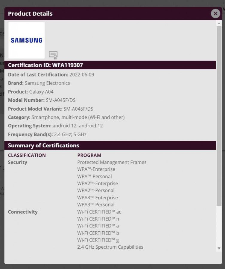 رصد هاتف Samsung Galaxy A04 على قاعدة بيانات Wi-Fi Alliance