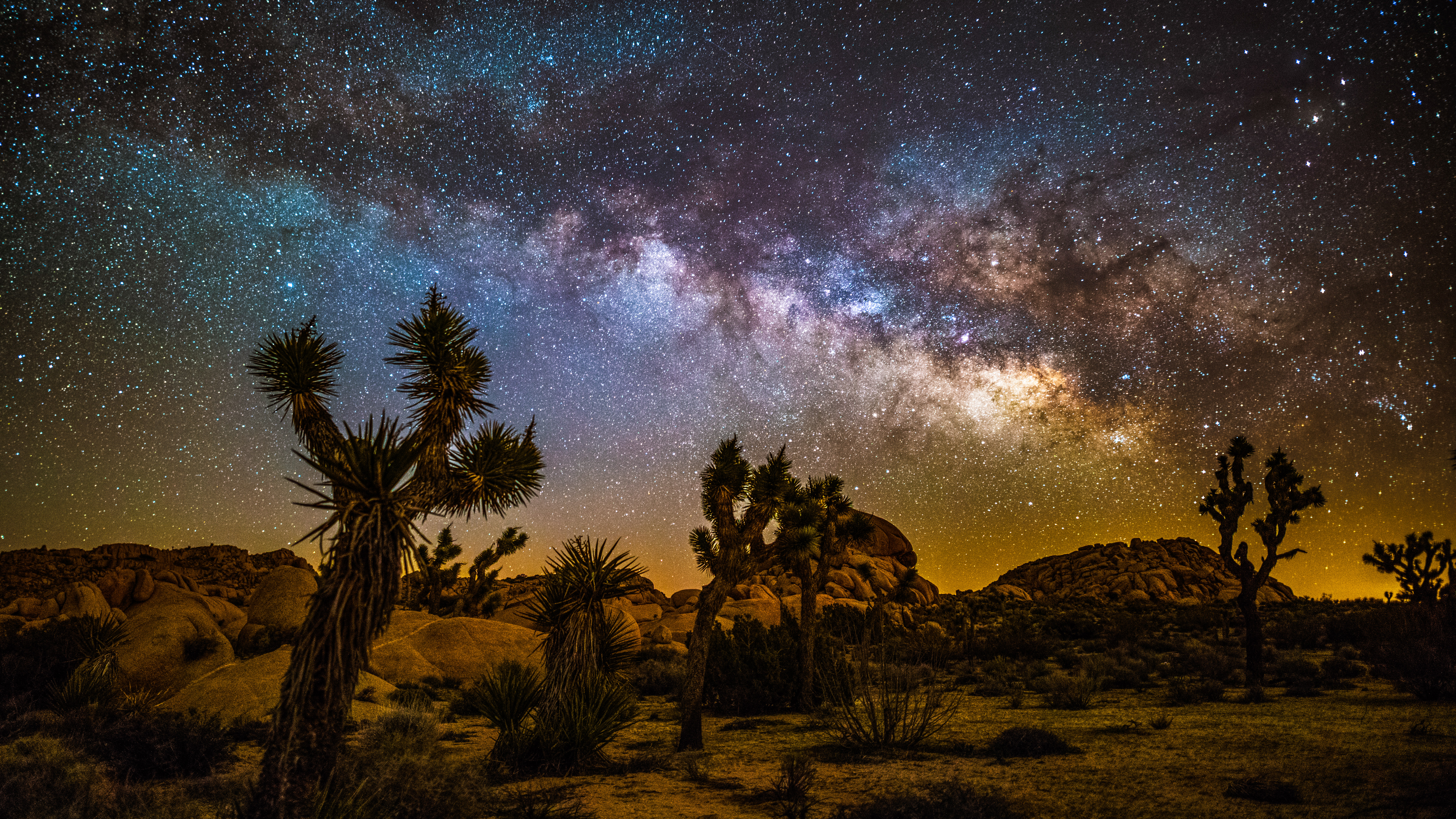 المناظر الطبيعية الليلية مع درب التبانة الملونة فوق صحراء حديقة جوشوا تري الوطنية في كاليفورنيا ، الولايات المتحدة الأمريكية.