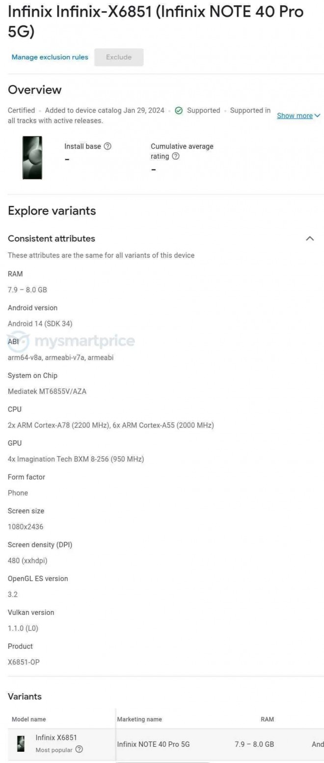 تسريب Google Play Console لهاتف Infinix Note 40 Pro 5G